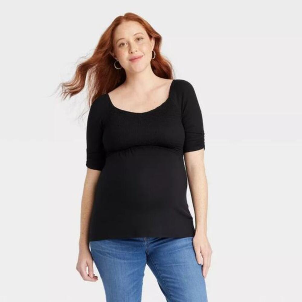 Isabel By Ingrid & Isabel Elbow Sleeve V-Neck Smocked Maternity Shirt‎ Black